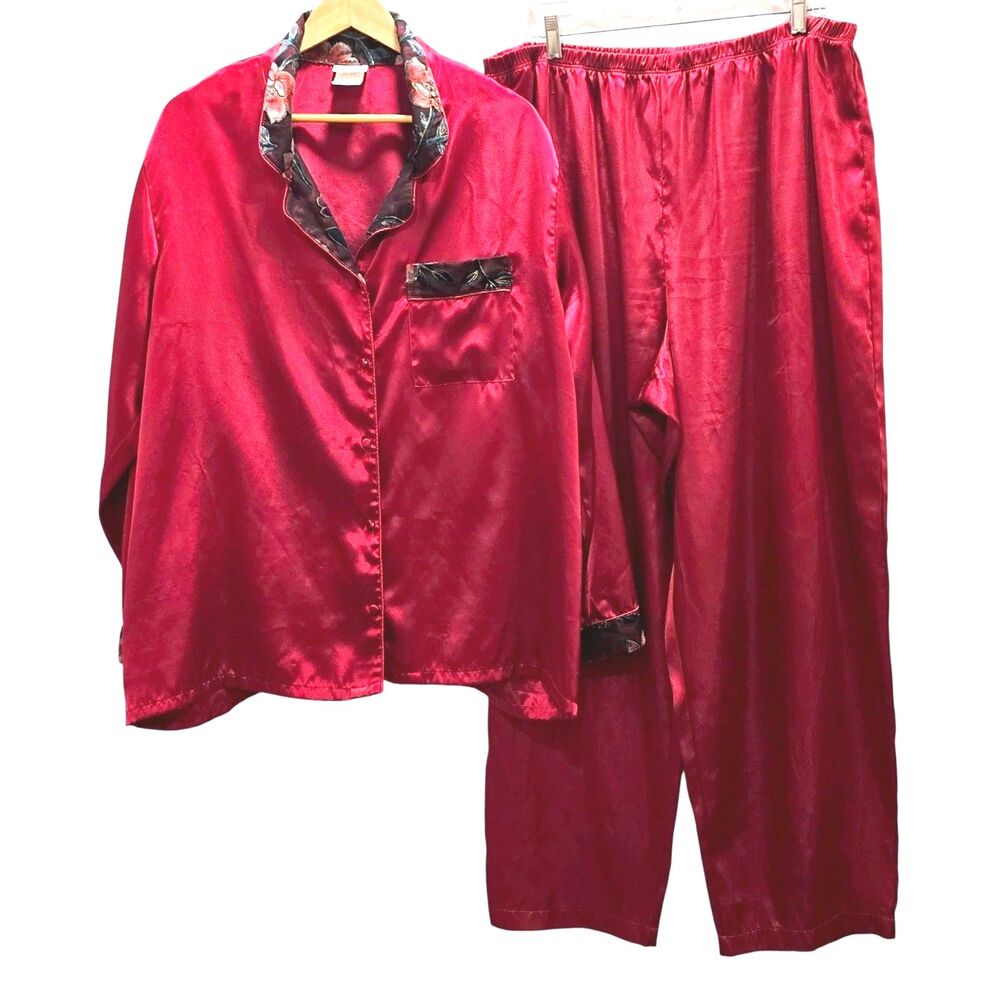 Vintageā Y2K Secret Treasures Womens 2XL Burgundy Satin Pajama Set Velvet Trim